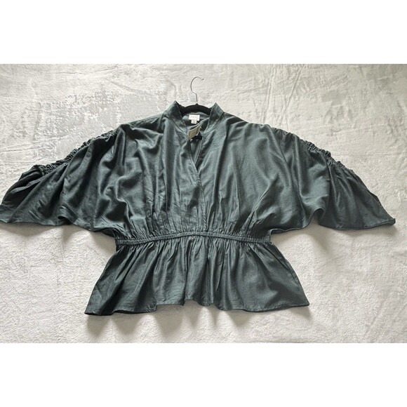 Anthropologie Maeve Short Sleeve Ruched Peplum Blouse Sz XL Green - Picture 5 of 5